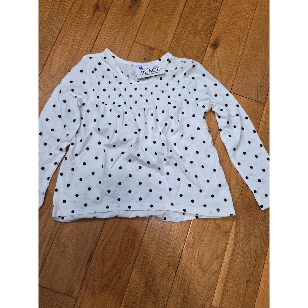 The Childrens Place Girls White Black Polka Dot Smocked Long Sleeve Top 4T NEW